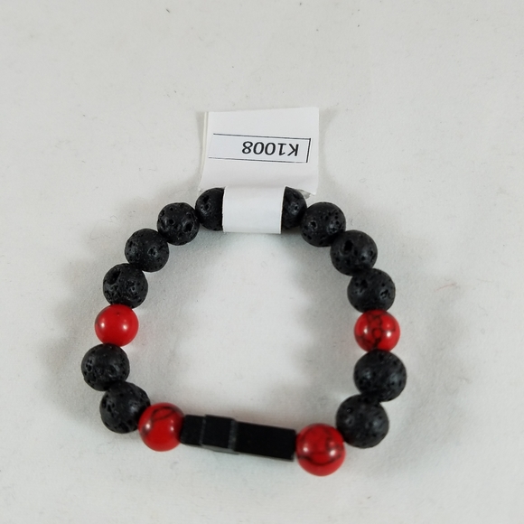 Gifted HAND CRAFTED Lava Stone and Howlite Cross Bracelet 5” Stretch Black & Red - Picture 4 of 5